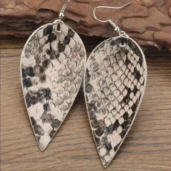 Snakeskin Leather Drop Earrings — Boho Statement Animal Print Jewelry - Picture 1 of 5